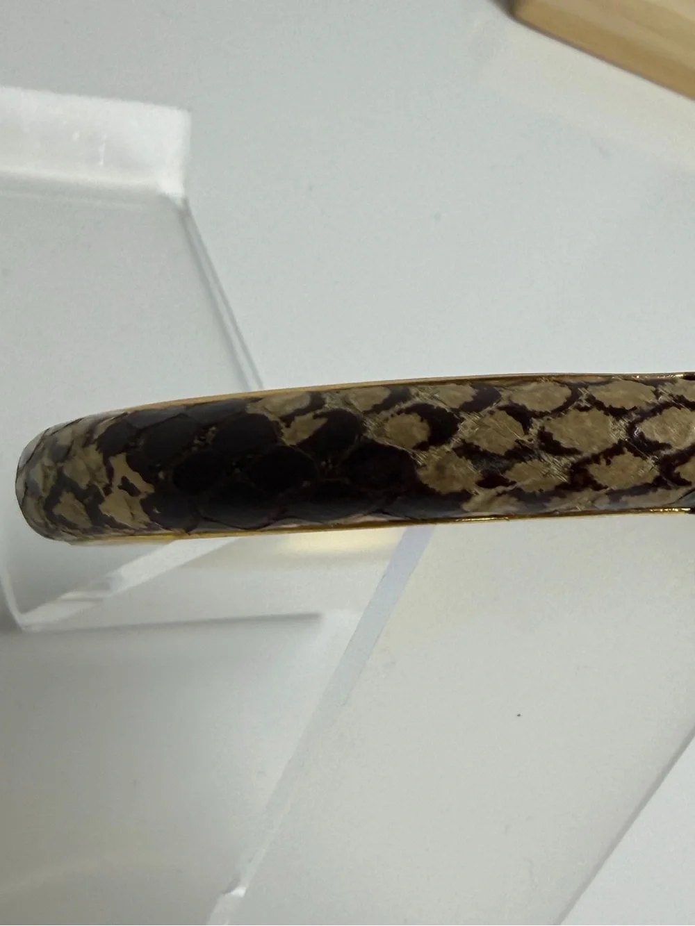 Tory Burch Women’s Leather Inlay Snake Print Gold Double T Bangle Bracelet